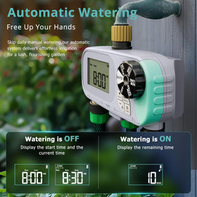 QUOBAS sprinkler timer setup dials demonstrating user-friendly controls for customized watering.