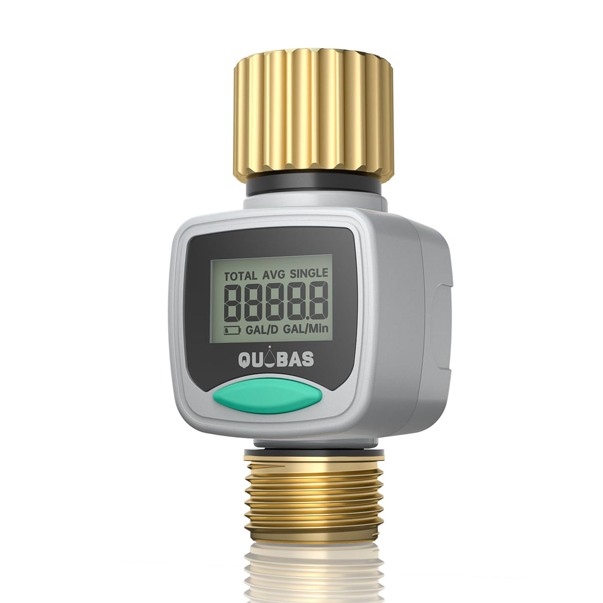 QUOBAS water flow meter with brass fittings on hose for durable leaks prevention.