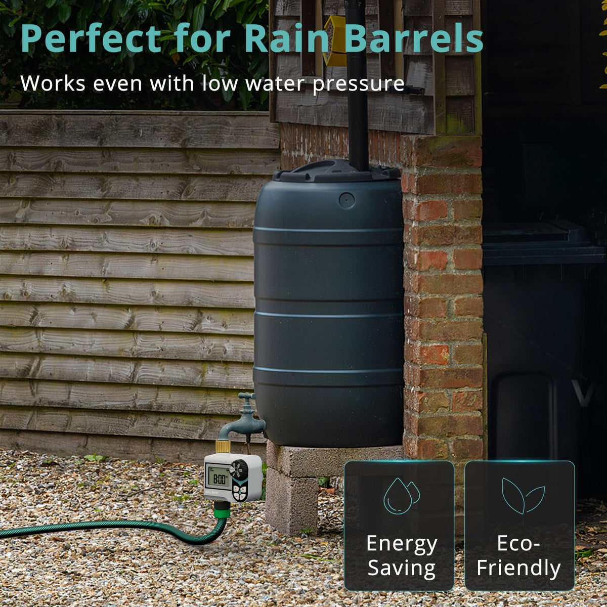 QUOBAS Zero Pressure Water Timer with brass ports shows robust fittings for reliable garden hose use.