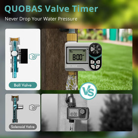 QUOBAS Zero Pressure Water Timer digital display highlights easy scheduling and quick start times.