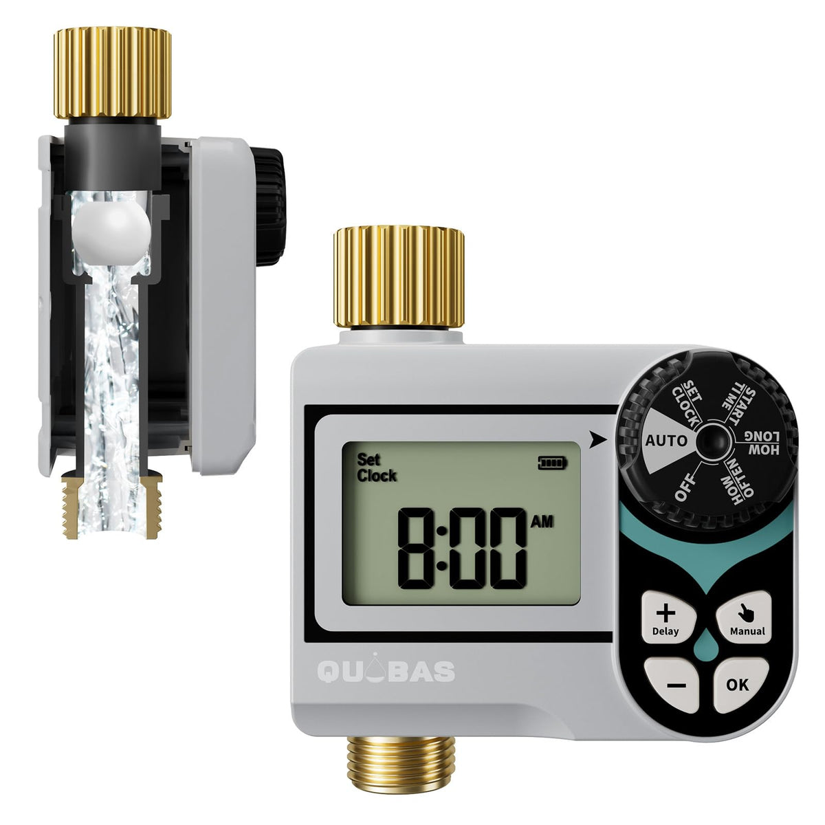 QUOBAS Zero Pressure Water Timer front view showing simple outdoor setup and full-flow operation.