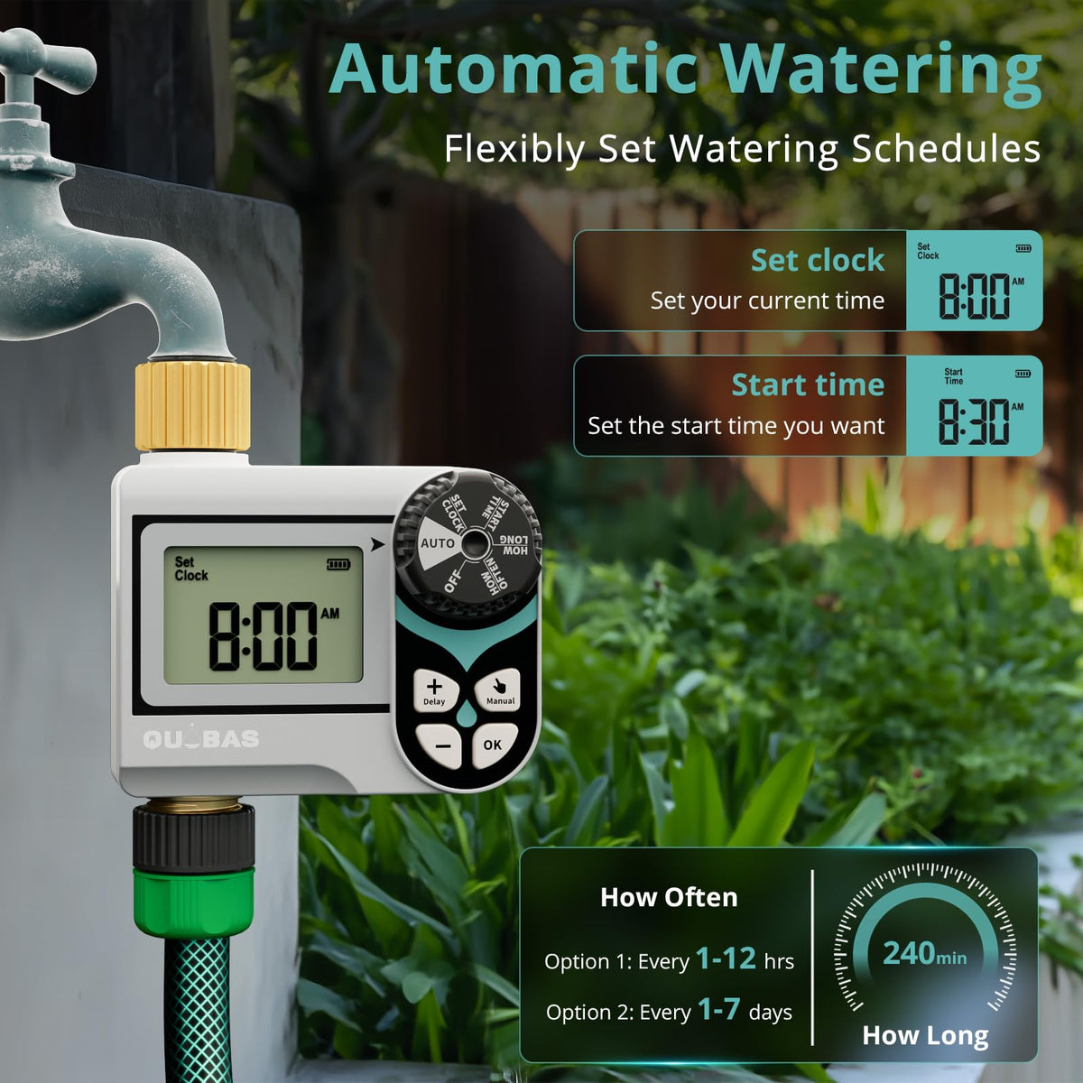 QUOBAS timer rain-delay feature captured during setup helps prevent overwatering.