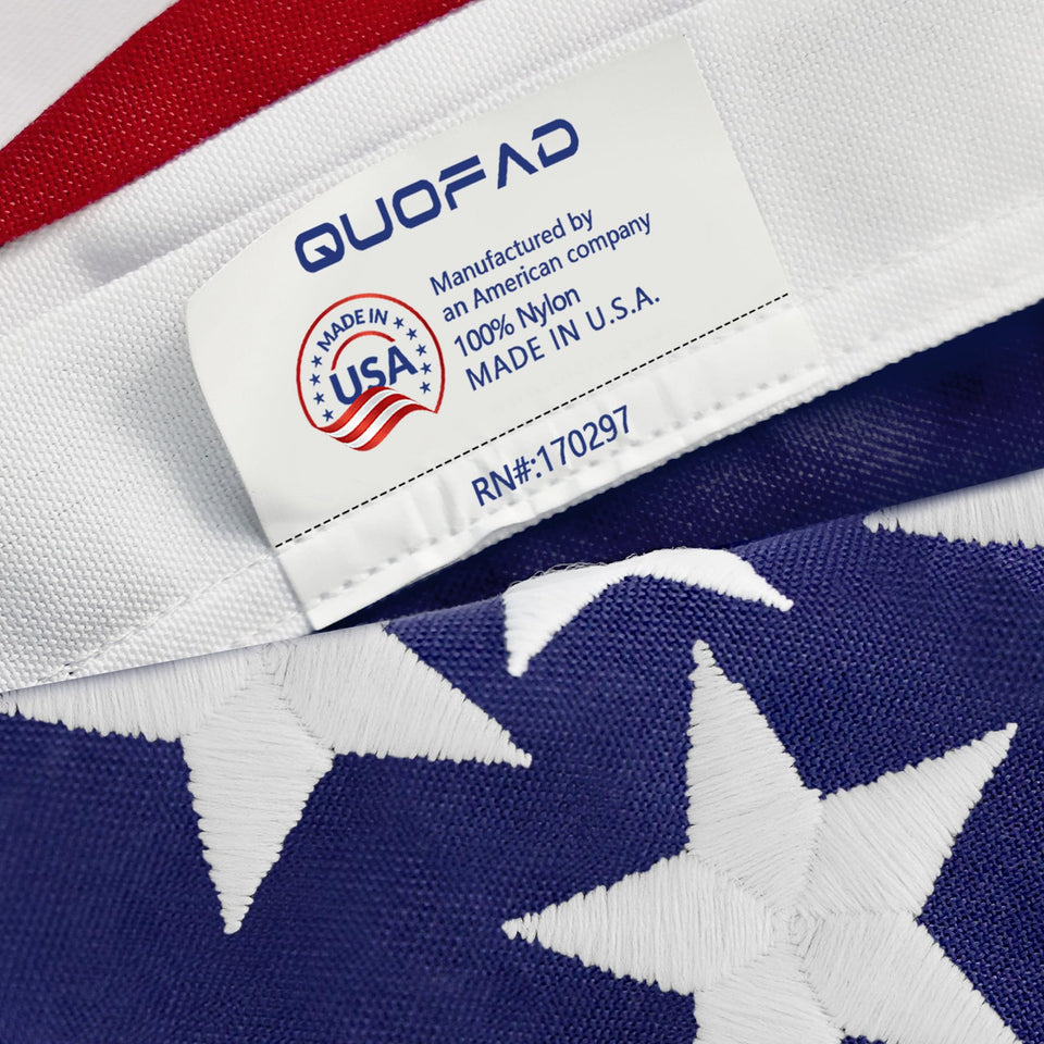 QUOFAD American Flag 3x5 outdoor nylon flag for lasting color and durable display.