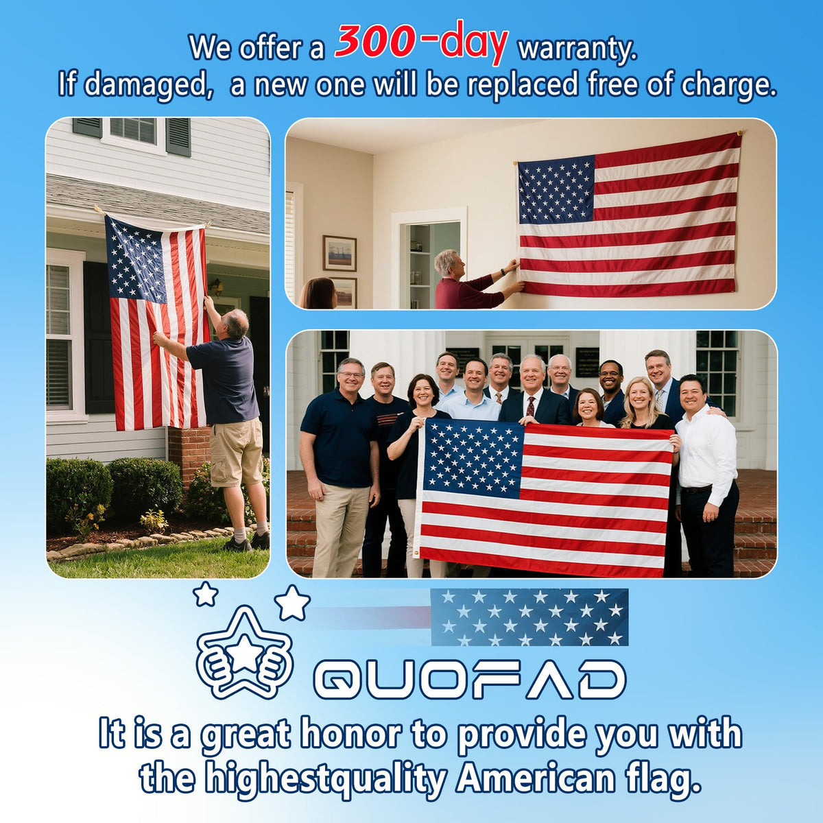 QUOFAD flag features thick header and reinforced seams for long-term porch display.