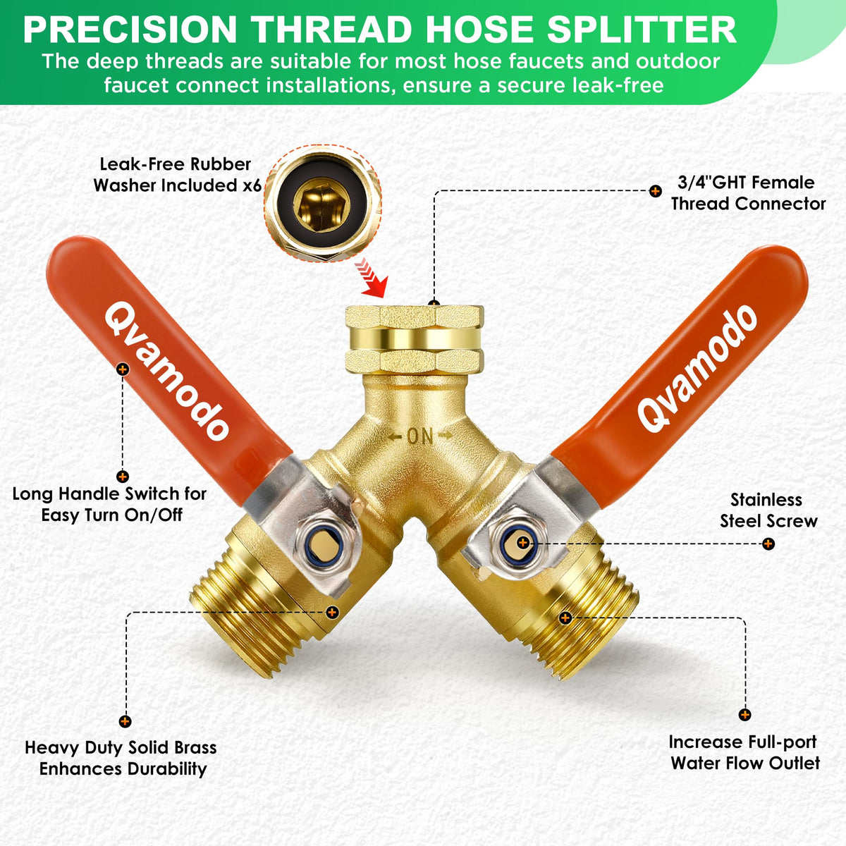 Qvamodo two-way splitter with long handles eases turning water on and off