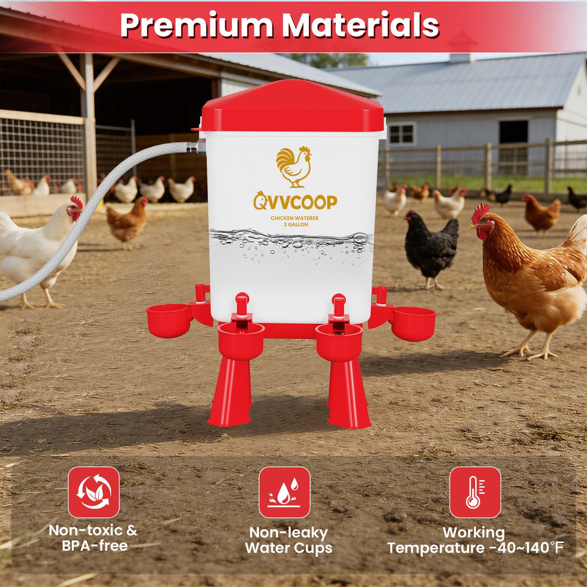 QVVCOOP 3-gallon red waterer offers ample daily hydration for birds.