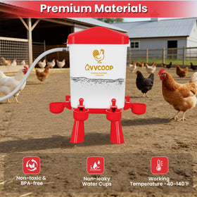 QVVCOOP 3-gallon red waterer offers ample daily hydration for birds.