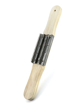 QWORK buffing wheel rake with wooden handle for precise cleaning of polishing wheels.