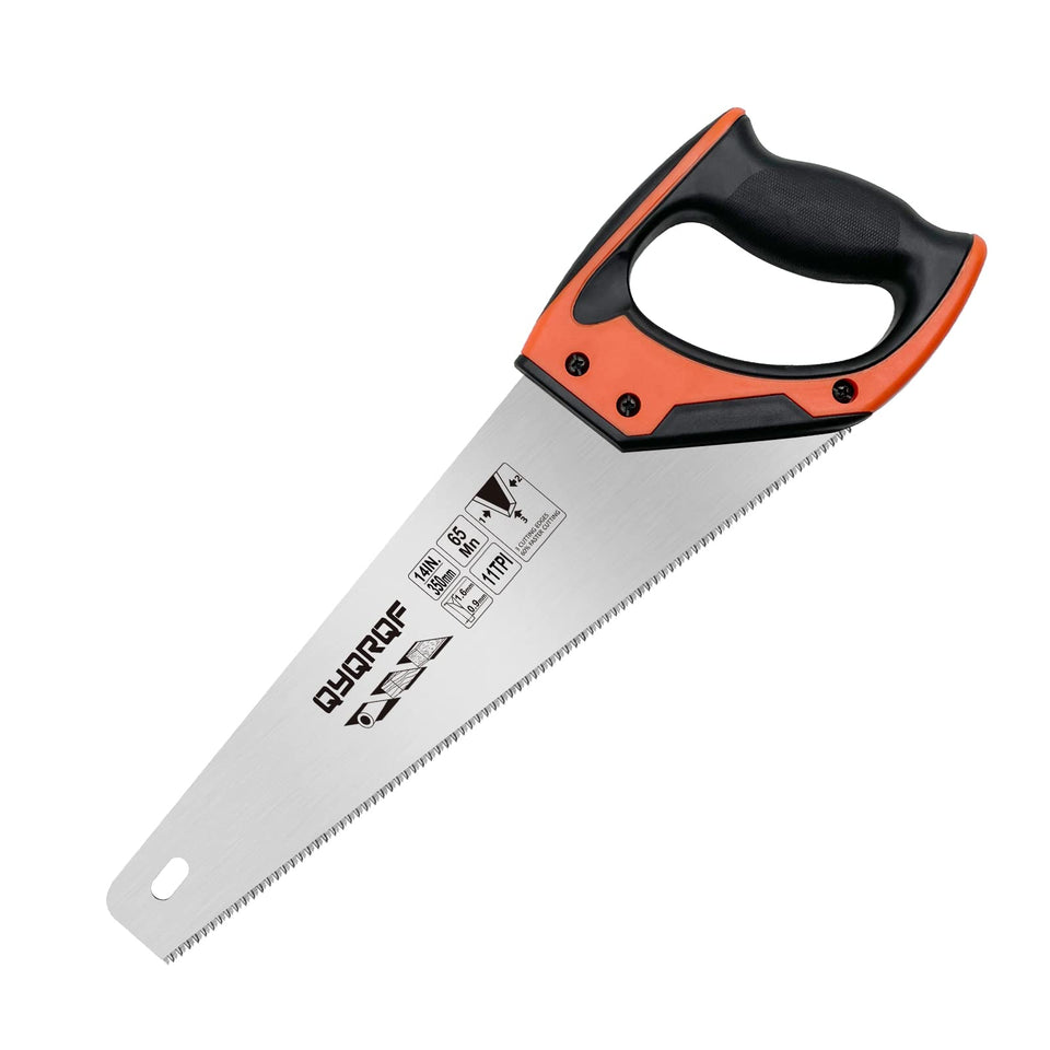 QYQRQF 14 inch hand saw blade close-up for sharp cutting edge.