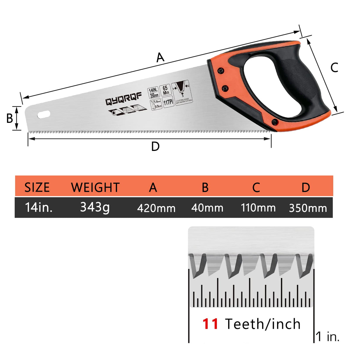 QYQRQF 14 inch hand saw blade made of rust-proof 65Mn steel.