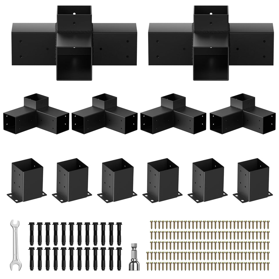 QZER Pergola Kit 3-way bracket during assembly for sturdy patio support.