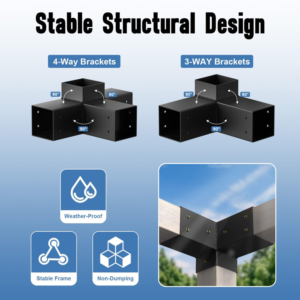 UV-resistant coating on QZER pergola brackets for rust protection.