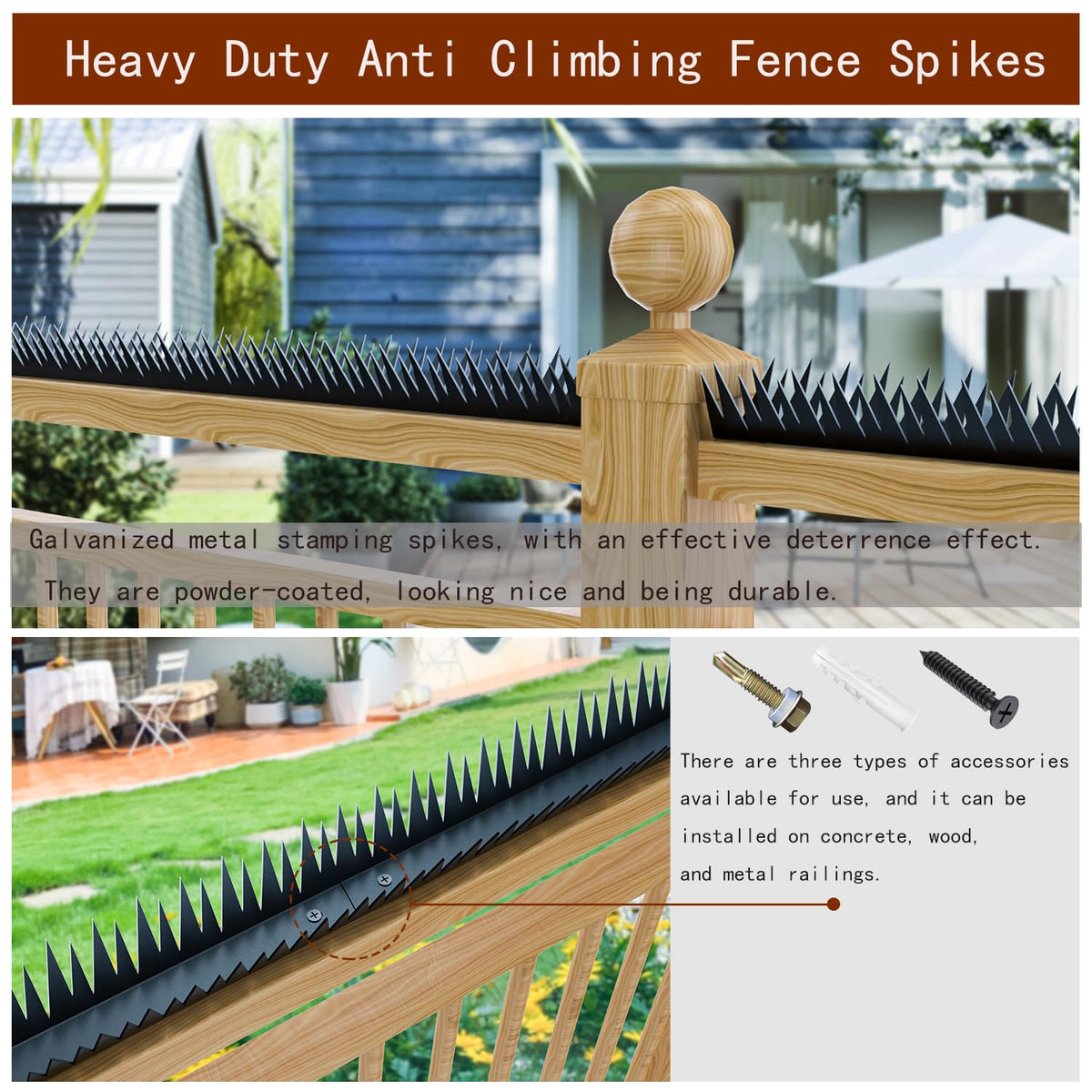 QZXRKEJI spikes on wall; guard against trespassers along boundary.