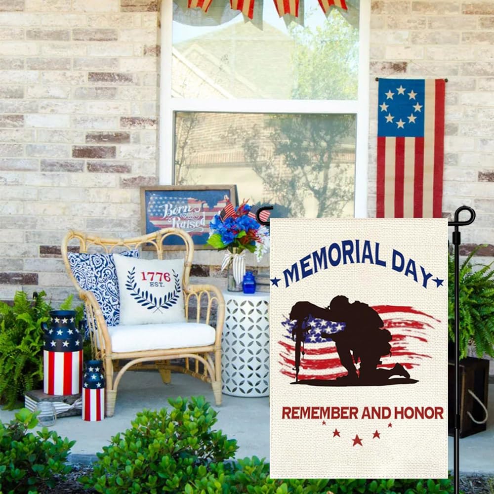 RABUSOFA 4th of July yard flag outdoors, bright festive colors on display.