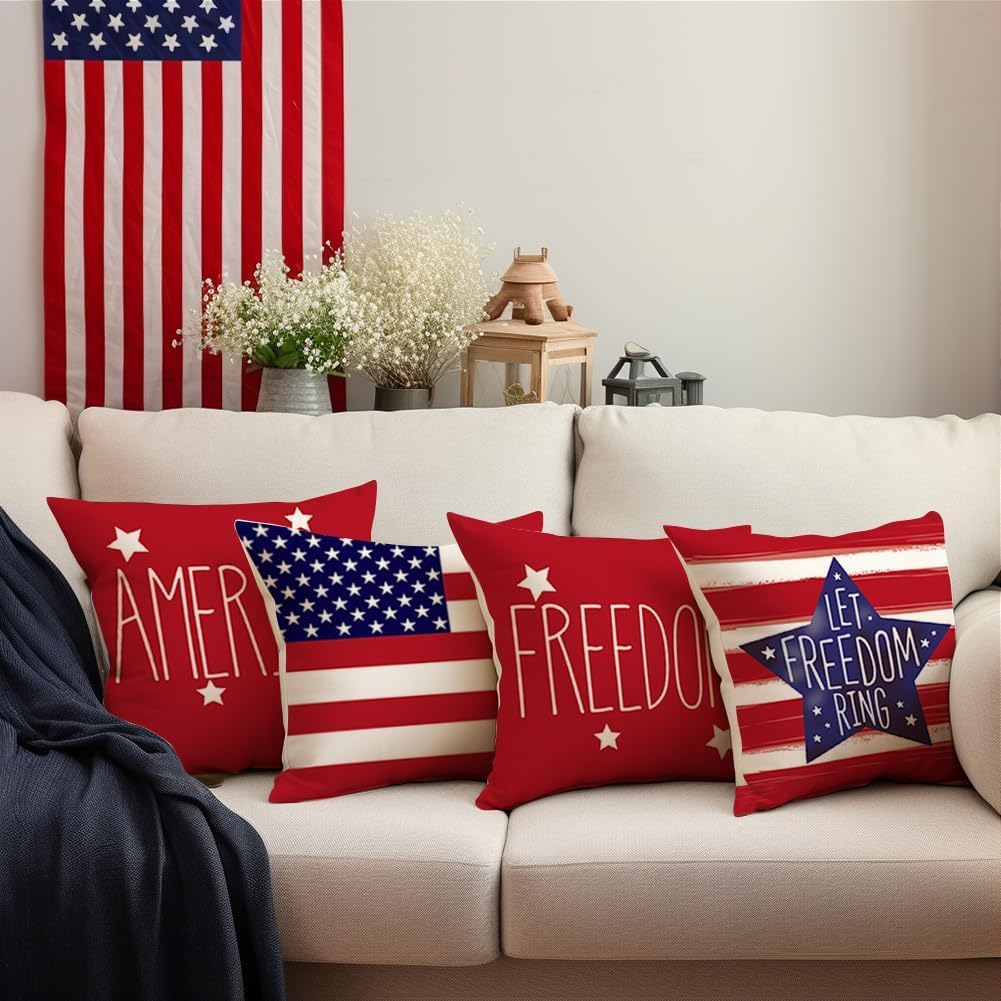 RABUSOFA four-piece 18x18 patriotic pillow cover set displayed on seating.