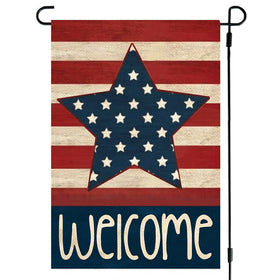 RABUSOFA 4th of July garden flag front view featuring Stars and Stripes welcome motif.