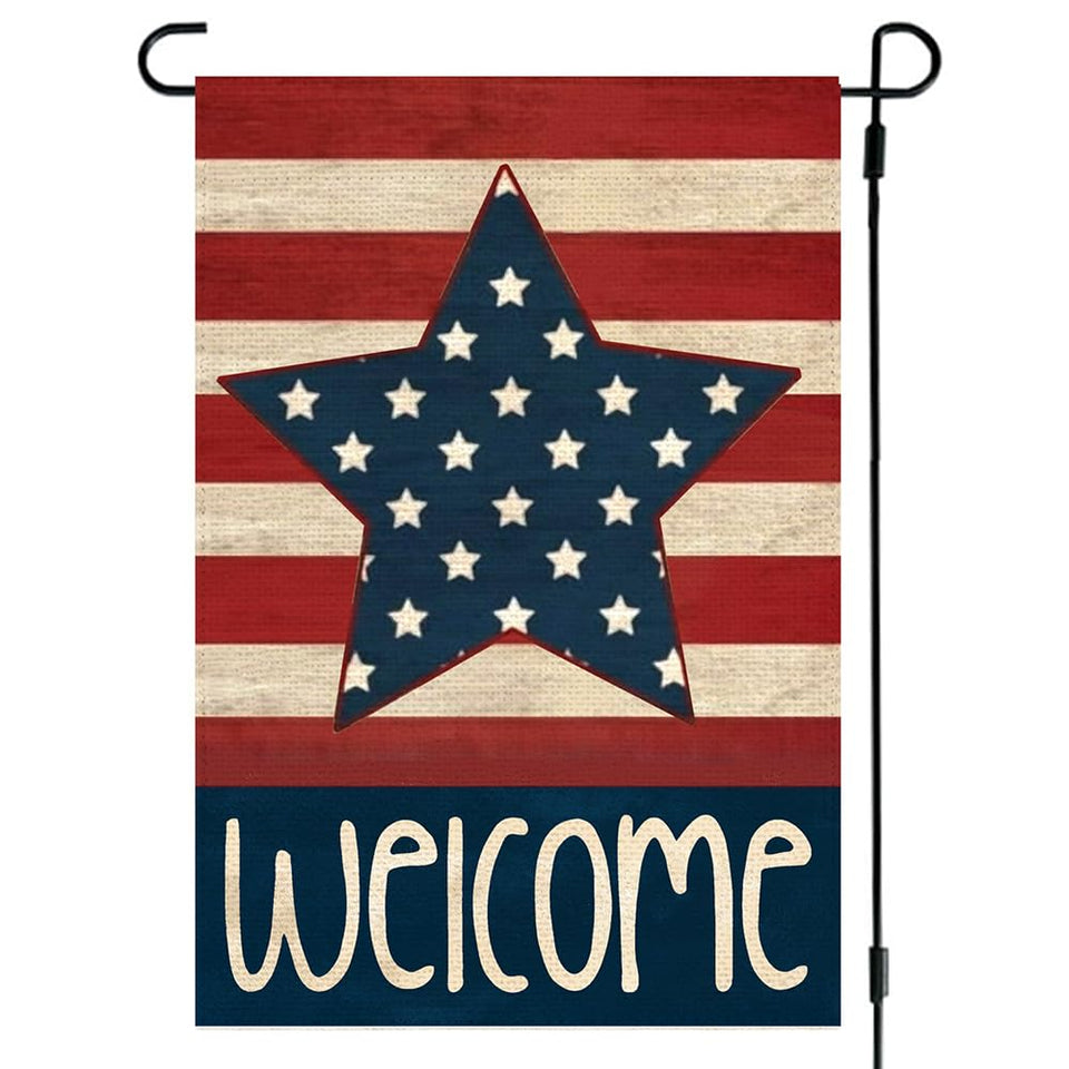 RABUSOFA 4th of July garden flag front view featuring Stars and Stripes welcome motif.