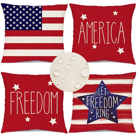 RABUSOFA outdoor waterproof pillow cover with flag pattern resists rain and dirt for outdoor lounging.
