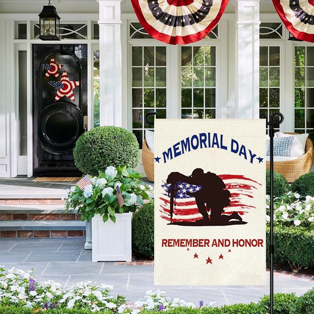 RABUSOFA patriotic garden flag 12x18 shown on a garden stake for yard decor.