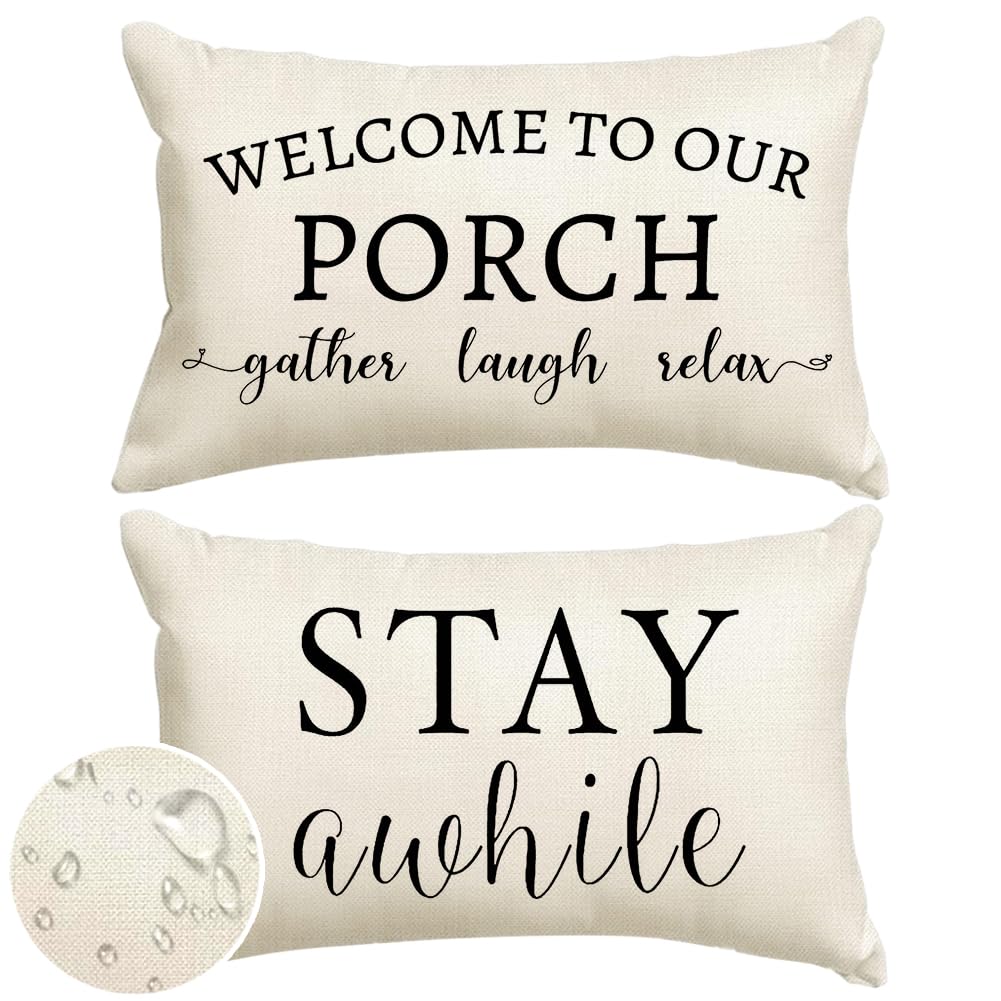 RABUSOFA porch pillow cover front view with Stay Awhile Relax motif