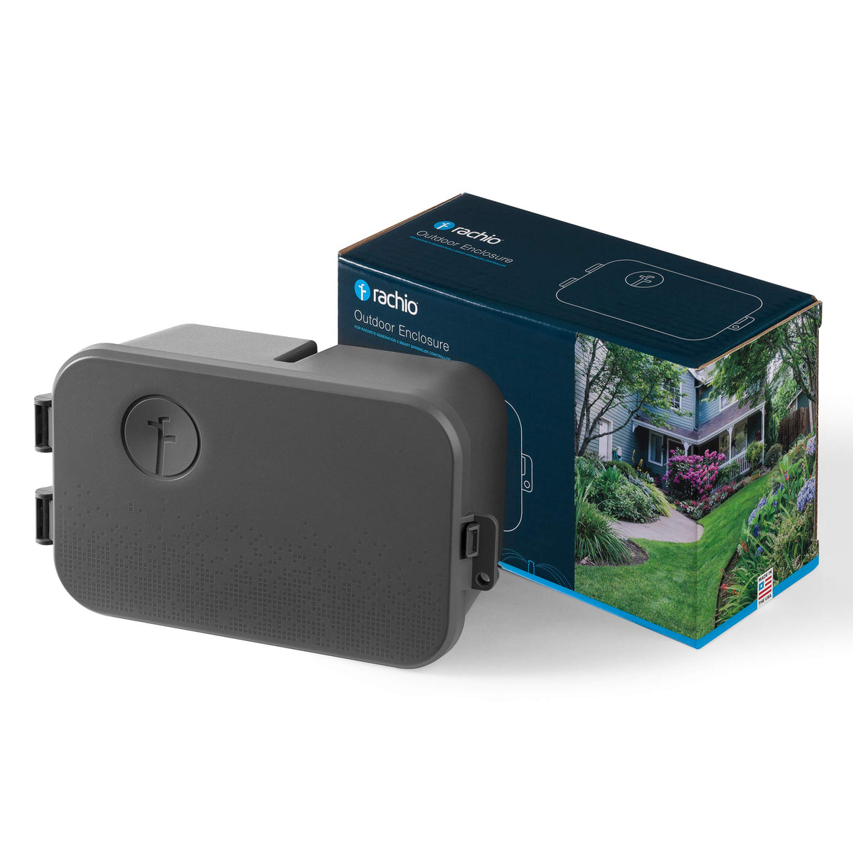 Rachio IP54 rated outdoor enclosure highlights weather protection for controllers.