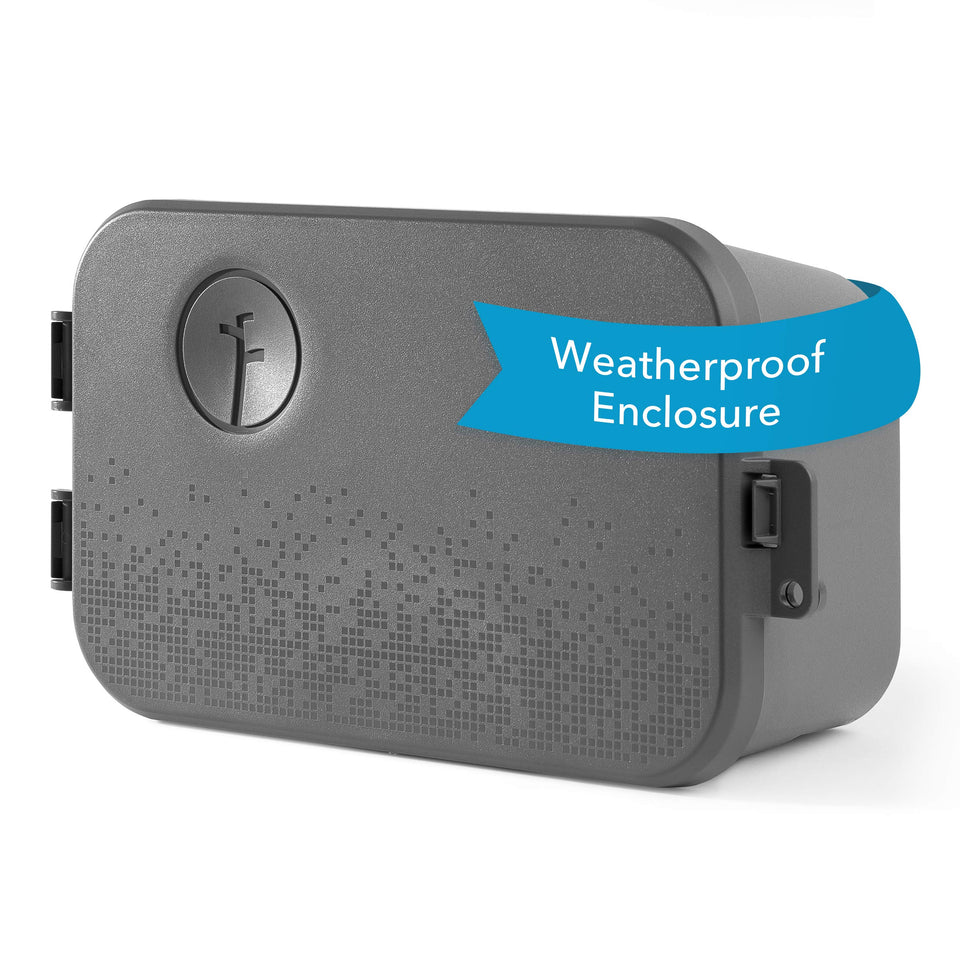 Rachio weatherproof outdoor enclosure front cover protects the controller from rain and wind.