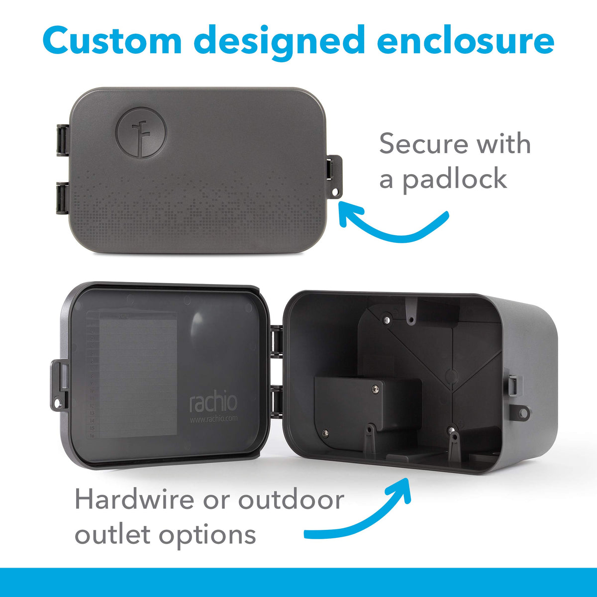 Rachio weatherproof enclosure padlock security feature deters tampering outdoors.