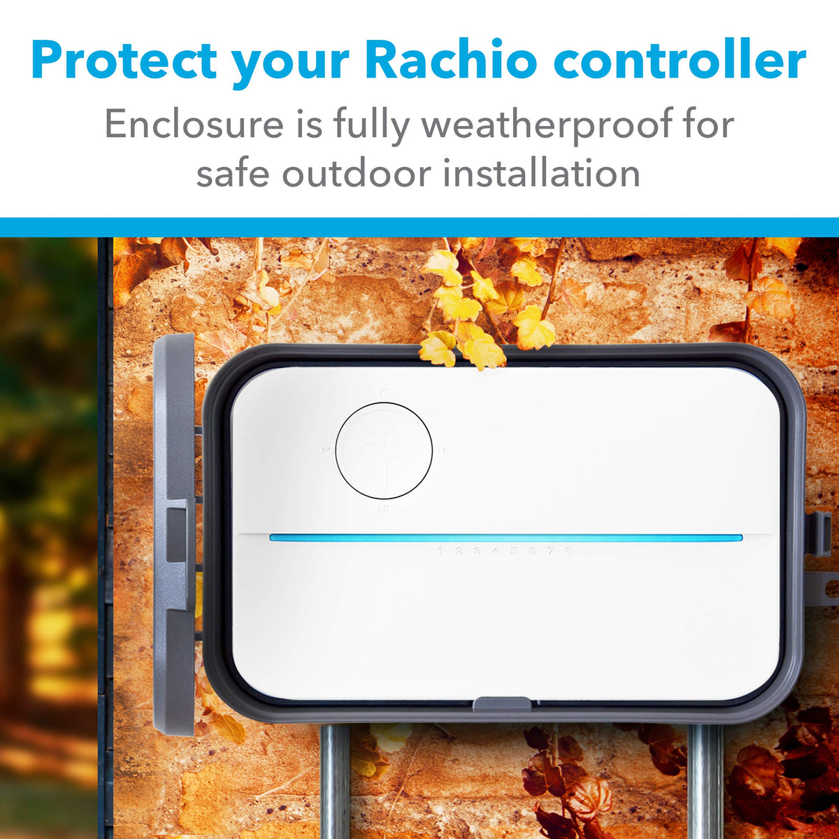 Rachio weatherproof outdoor enclosure side view shows robust housing in harsh weather.