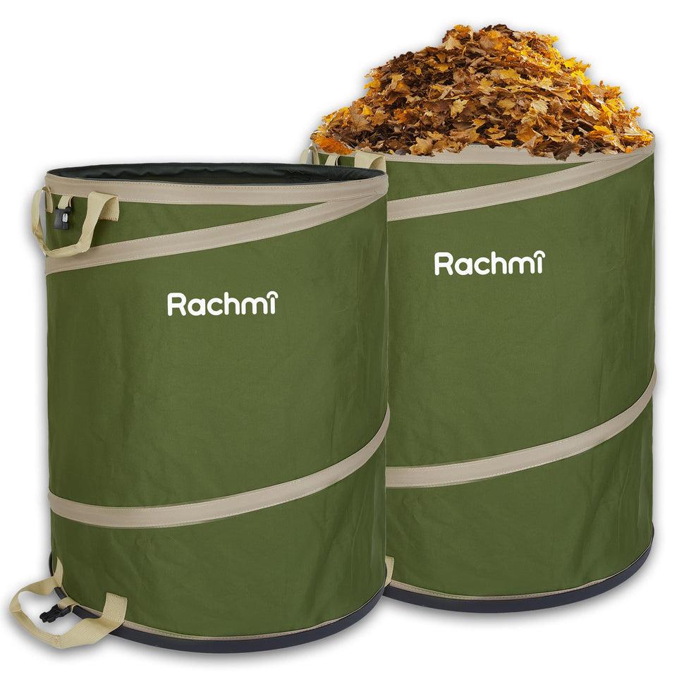 Rachmi 47-gallon collapsible trash can with green base for yard cleanup.