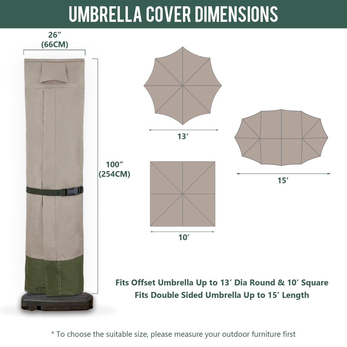 Rachmi umbrella cover zipper and pole close-up highlights easy on-off access.