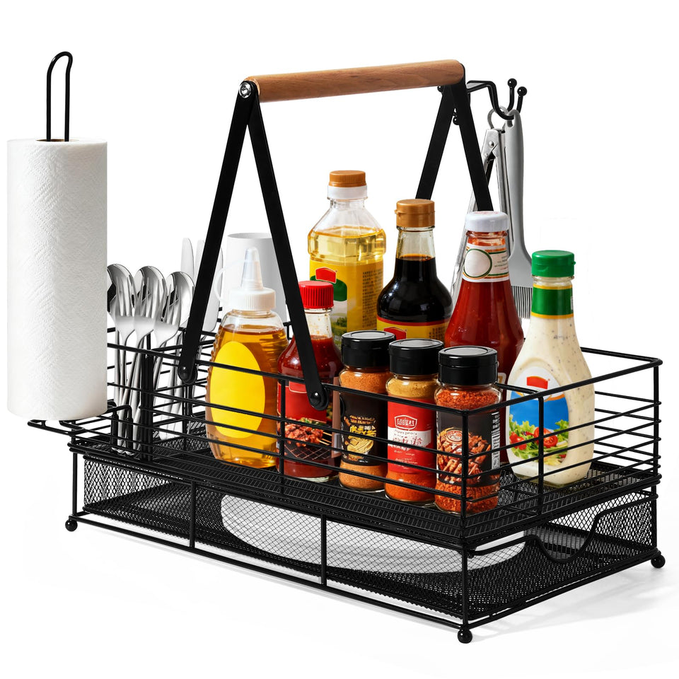 RACOBOT Grill Caddy double-layer storage keeps plates and utensils secure during transport.
