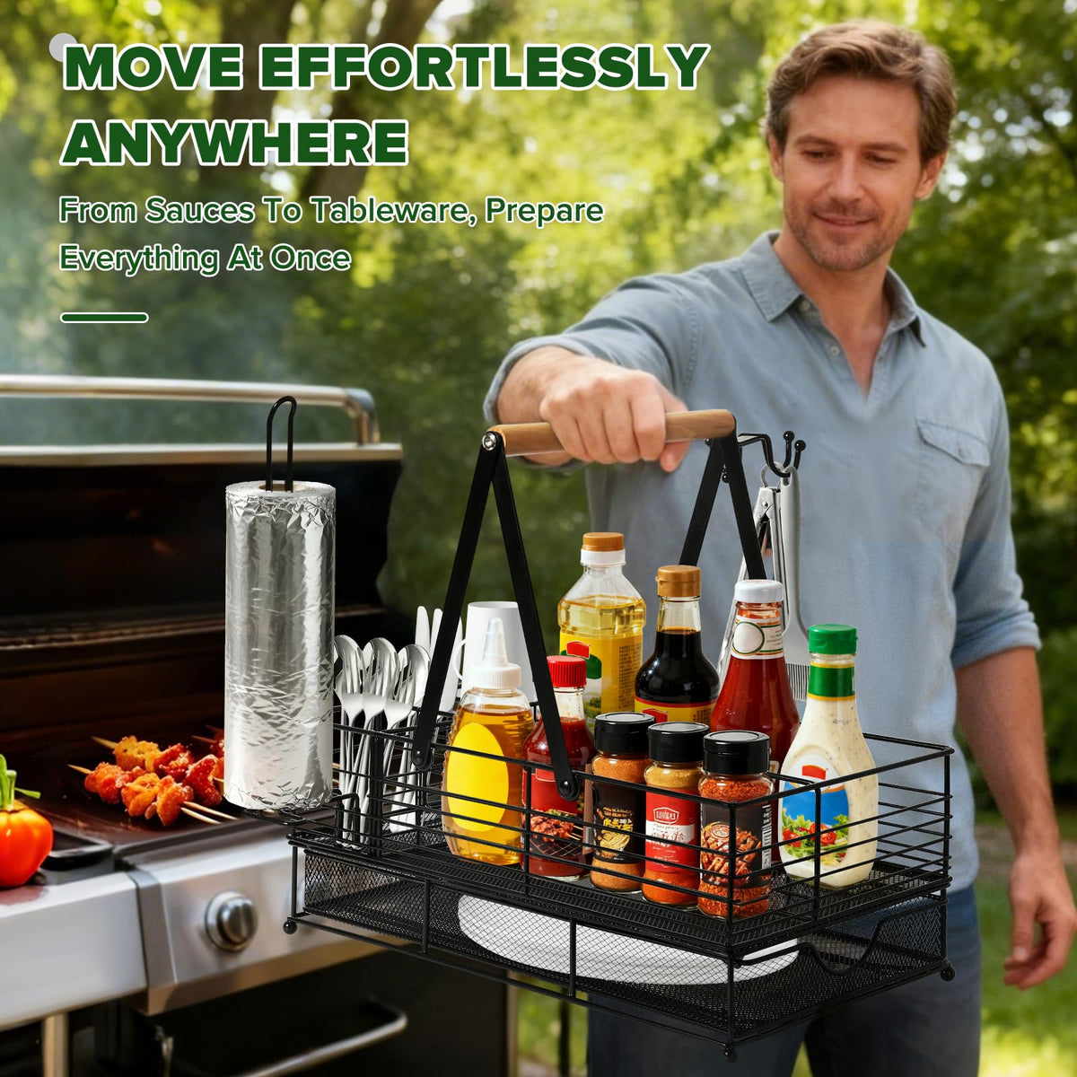RACOBOT Grill Caddy durable metal build supports heavy grilling gear.