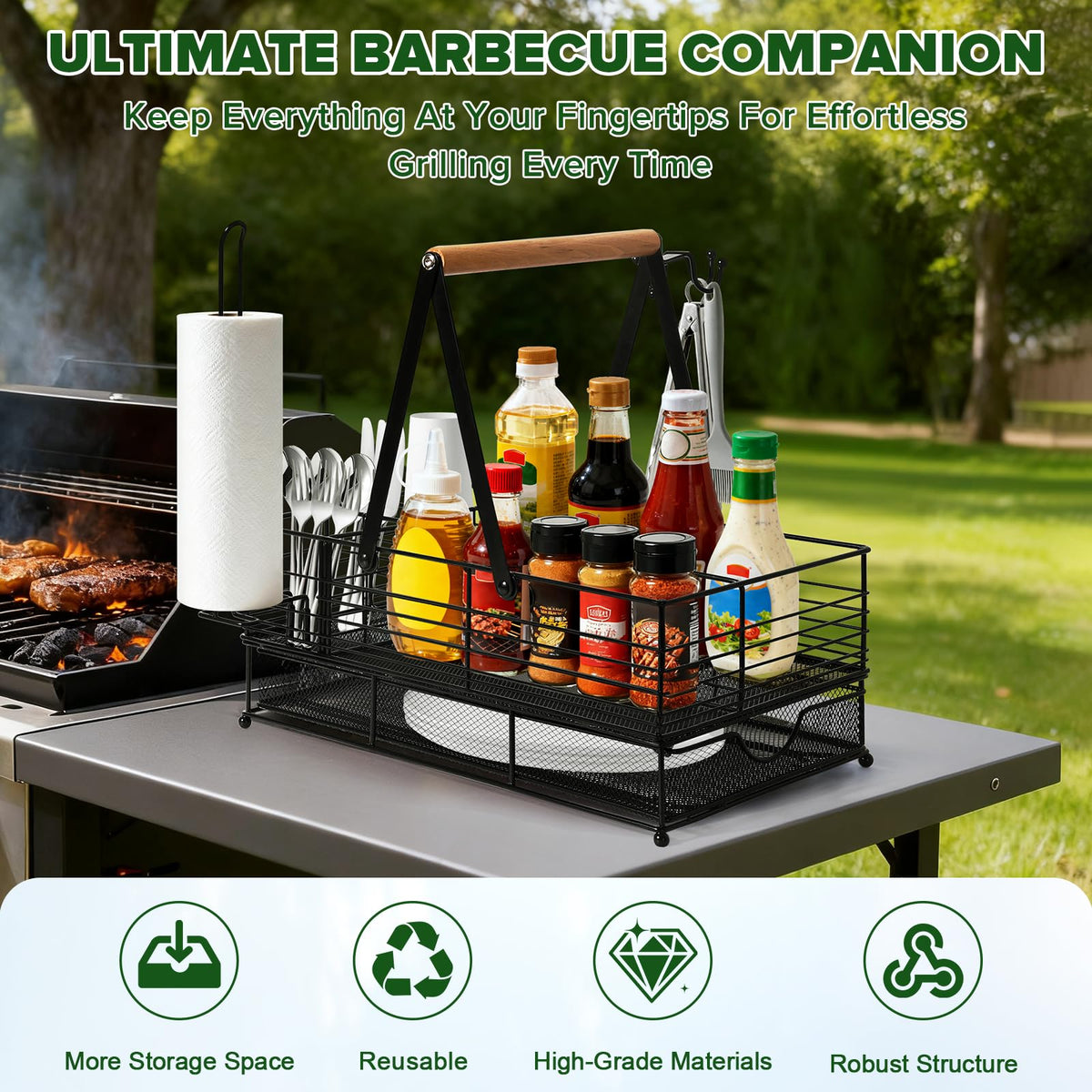 RACOBOT Grill Caddy side hooks organize tools at your grill station.