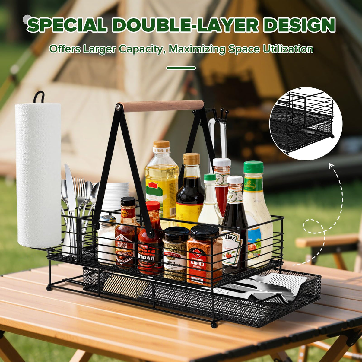 RACOBOT Grill Caddy smart compartments fit bottles, spices, and plates neatly.