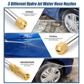 Raddile Hydro Jet flexible hose extends reach for gutters and gardens.