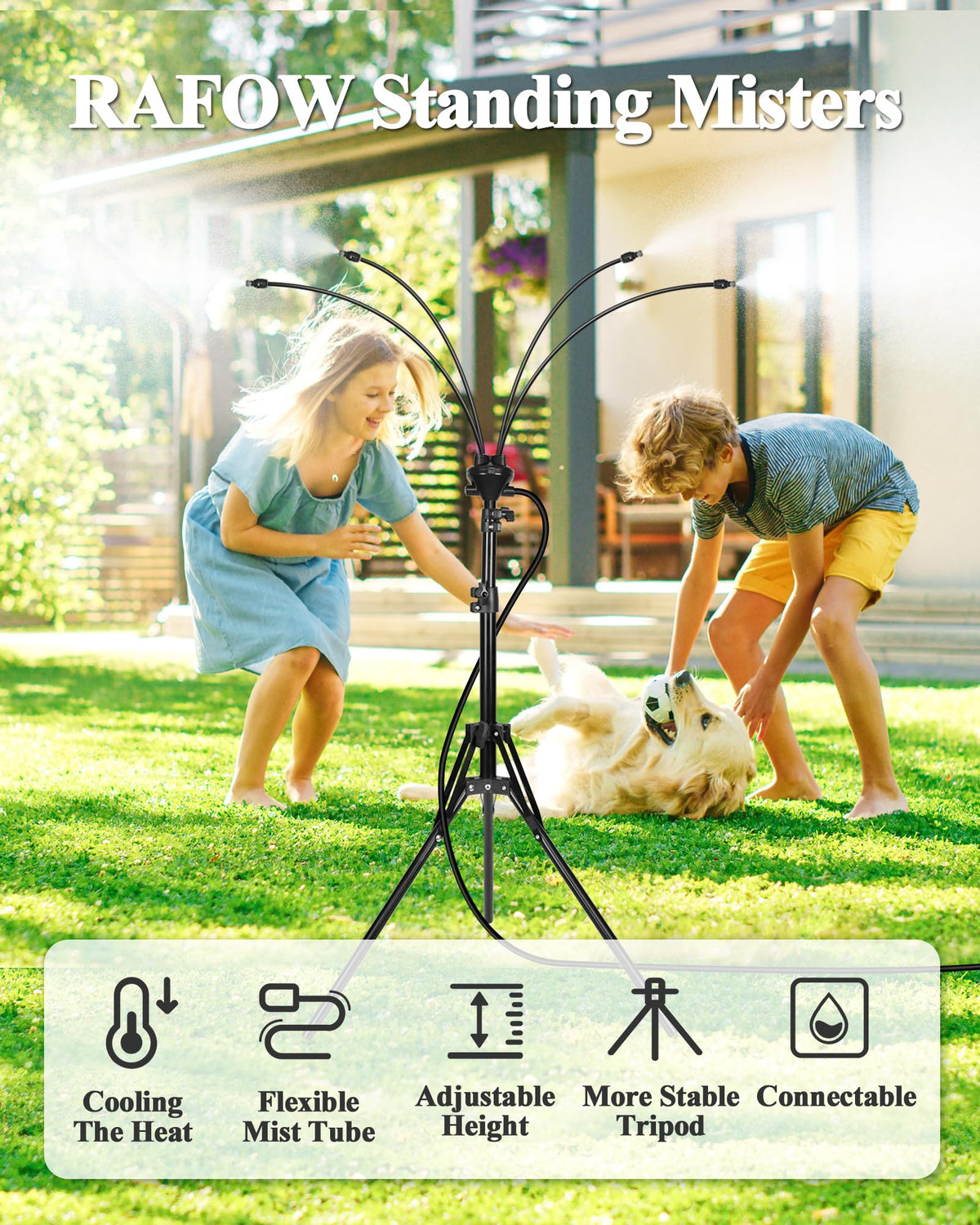 Rafow adjustable-height tripod demonstrates versatile mist coverage for different seating areas