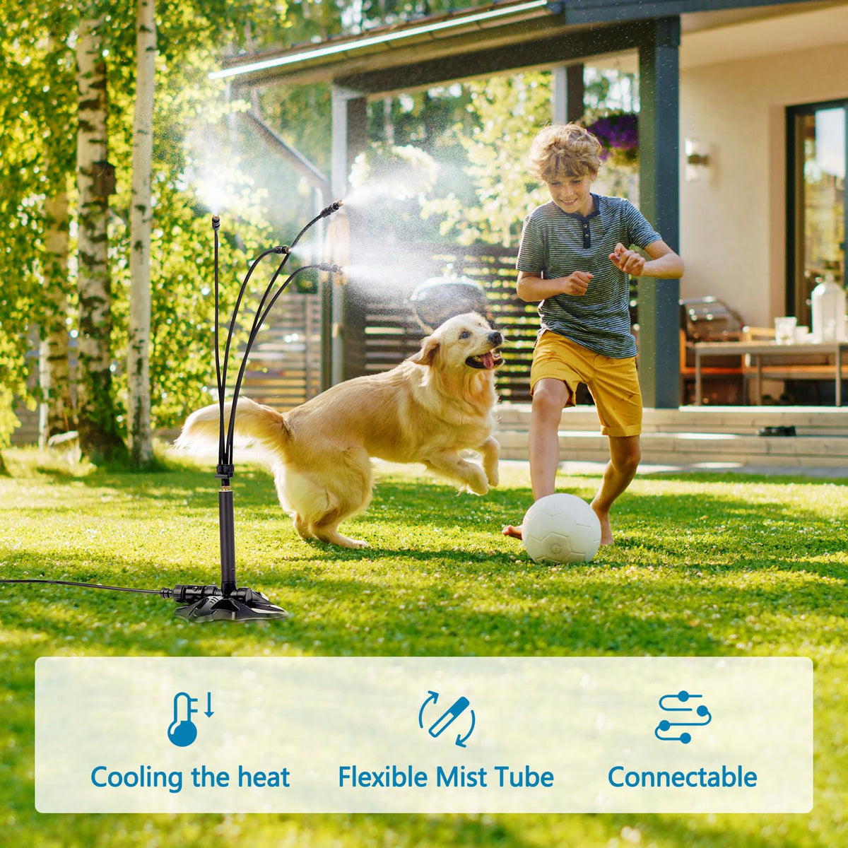 Rafow brass nozzles deliver even mist for refreshing patio comfort