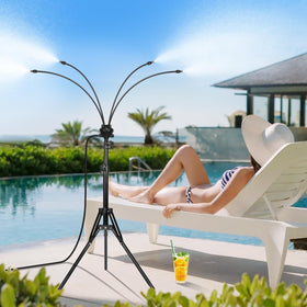 Rafow standing misters on a patio tripod base cooling a sunny outdoor space