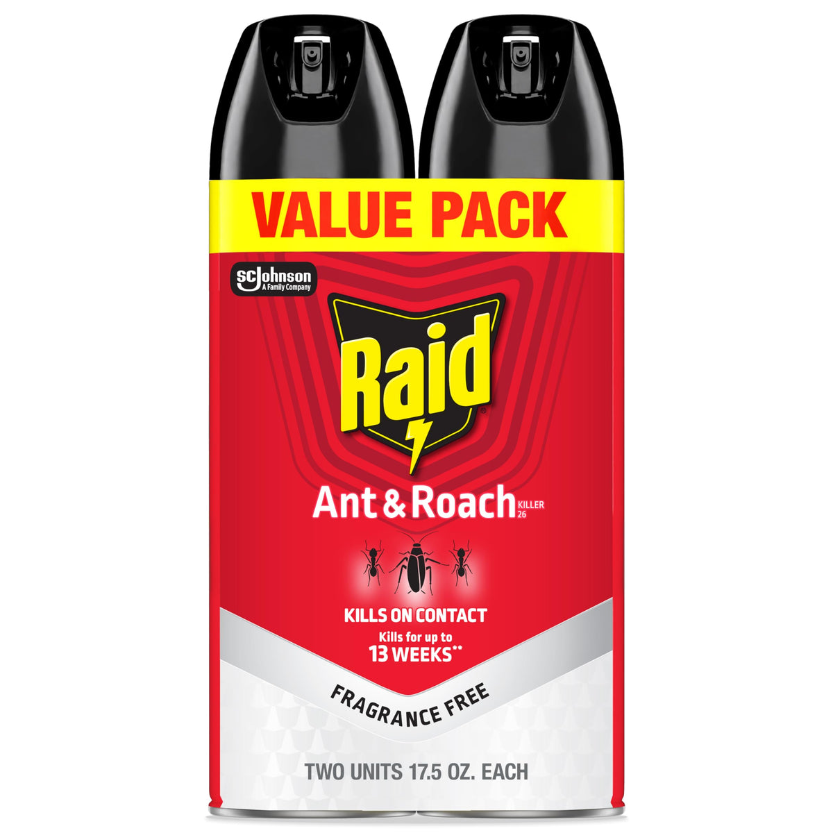 Raid Ant & Roach Killer spray bottle front, fragrance-free formula suitable for sensitive spaces.