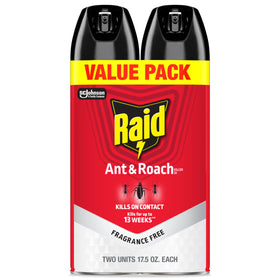 Raid Ant & Roach Killer spray bottle front, fragrance-free formula suitable for sensitive spaces.