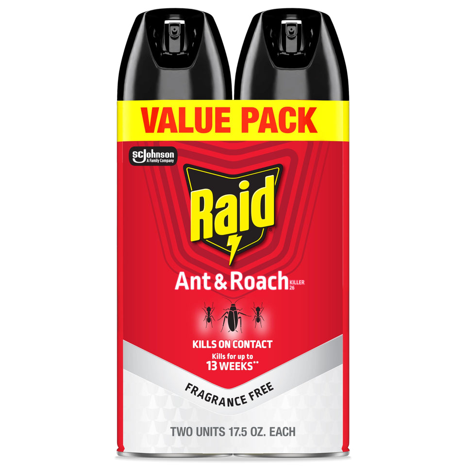 Raid Ant & Roach Killer spray bottle front, fragrance-free formula suitable for sensitive spaces.