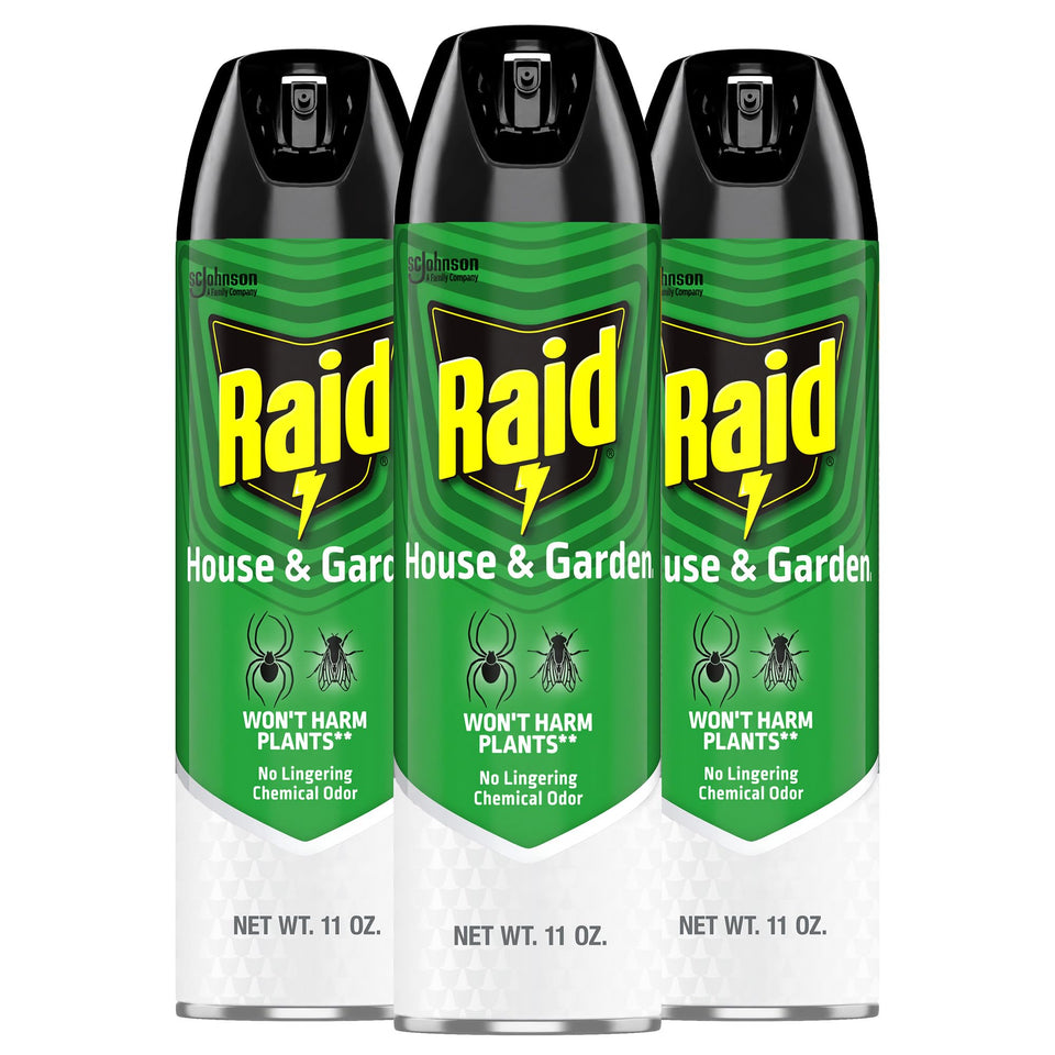 Raid Bug Killer aerosol can front view for quick indoor and outdoor pest control.