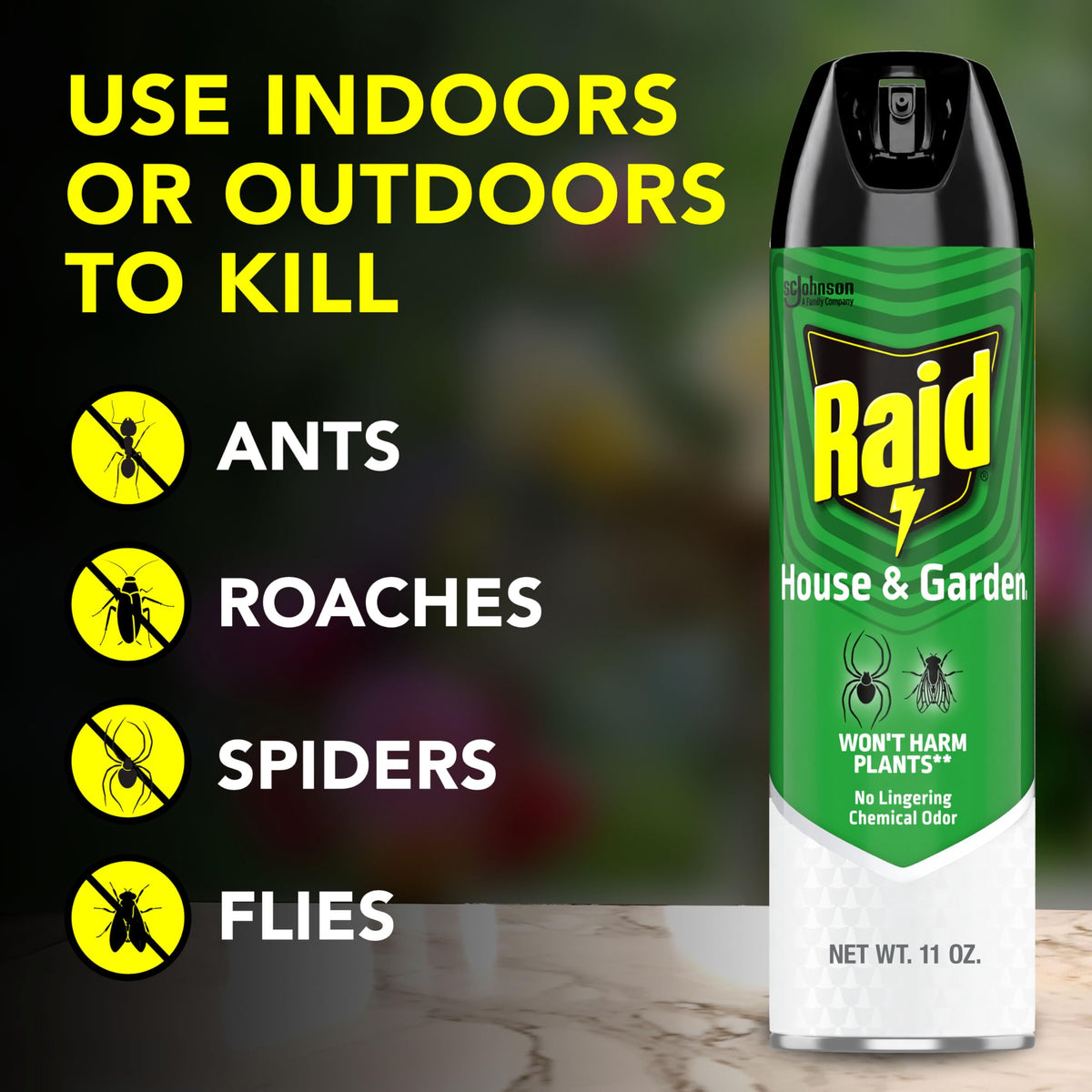 Raid Bug Killer aerosol mist ready to stop pests on contact.