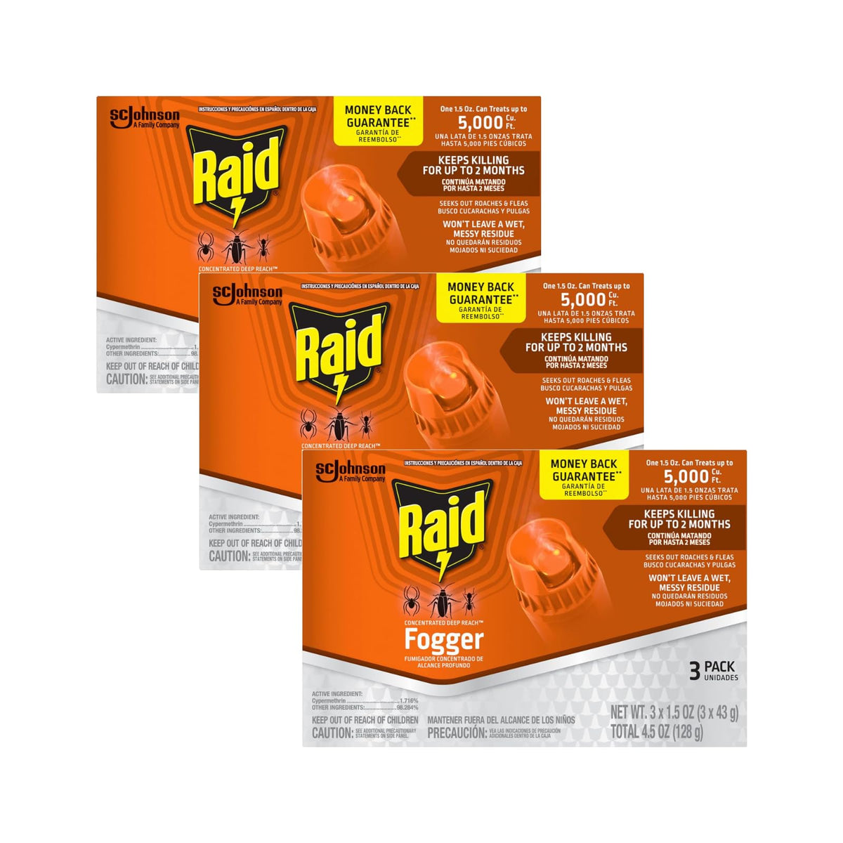 Raid Deep Reach Fogger bottle closeup showing compact 1.5 oz can for quick room coverage