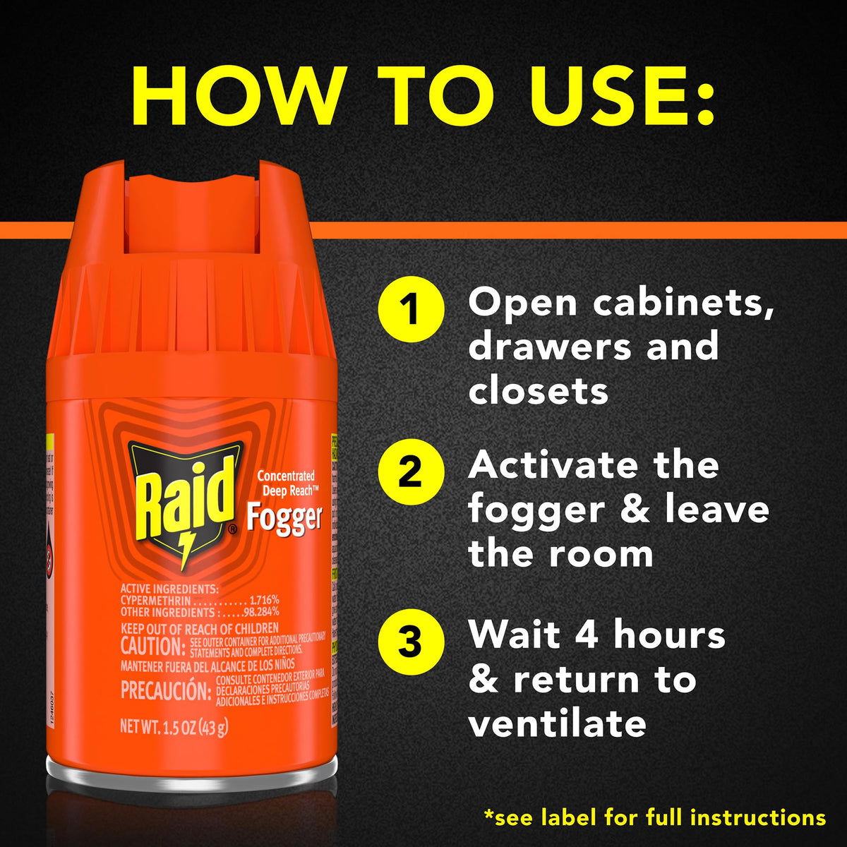 Raid Deep Reach Fogger sealed can with safety directions visible