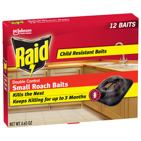 Raid Double Control roach bait packaging with child-resistant lid for indoor use.