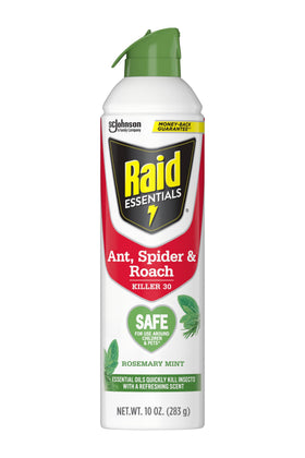 Raid Essentials bottle-front showing plant-based formula for indoor pest control