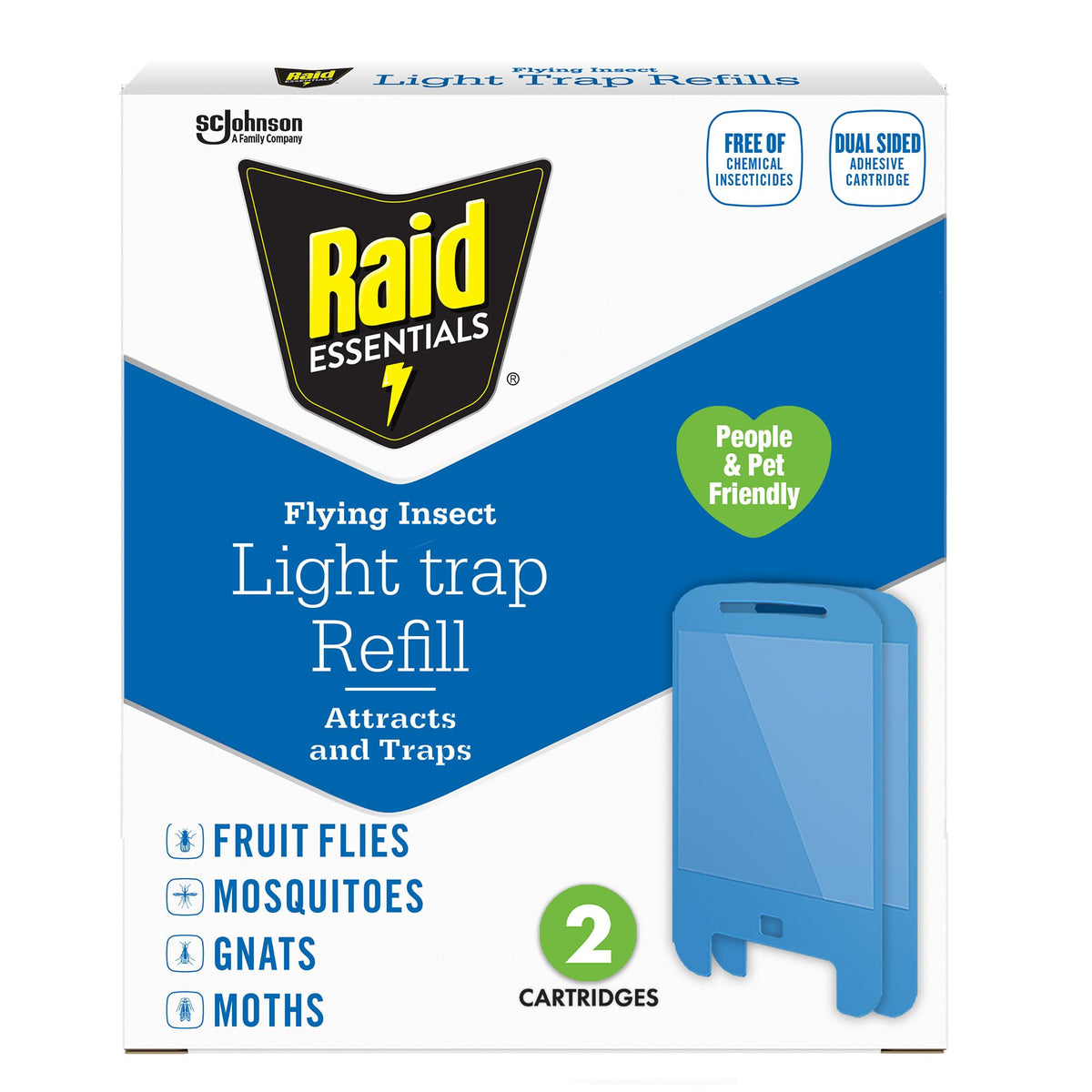 Raid Essentials light-trap refill cartridge for easy replacement and sustained pest attraction.