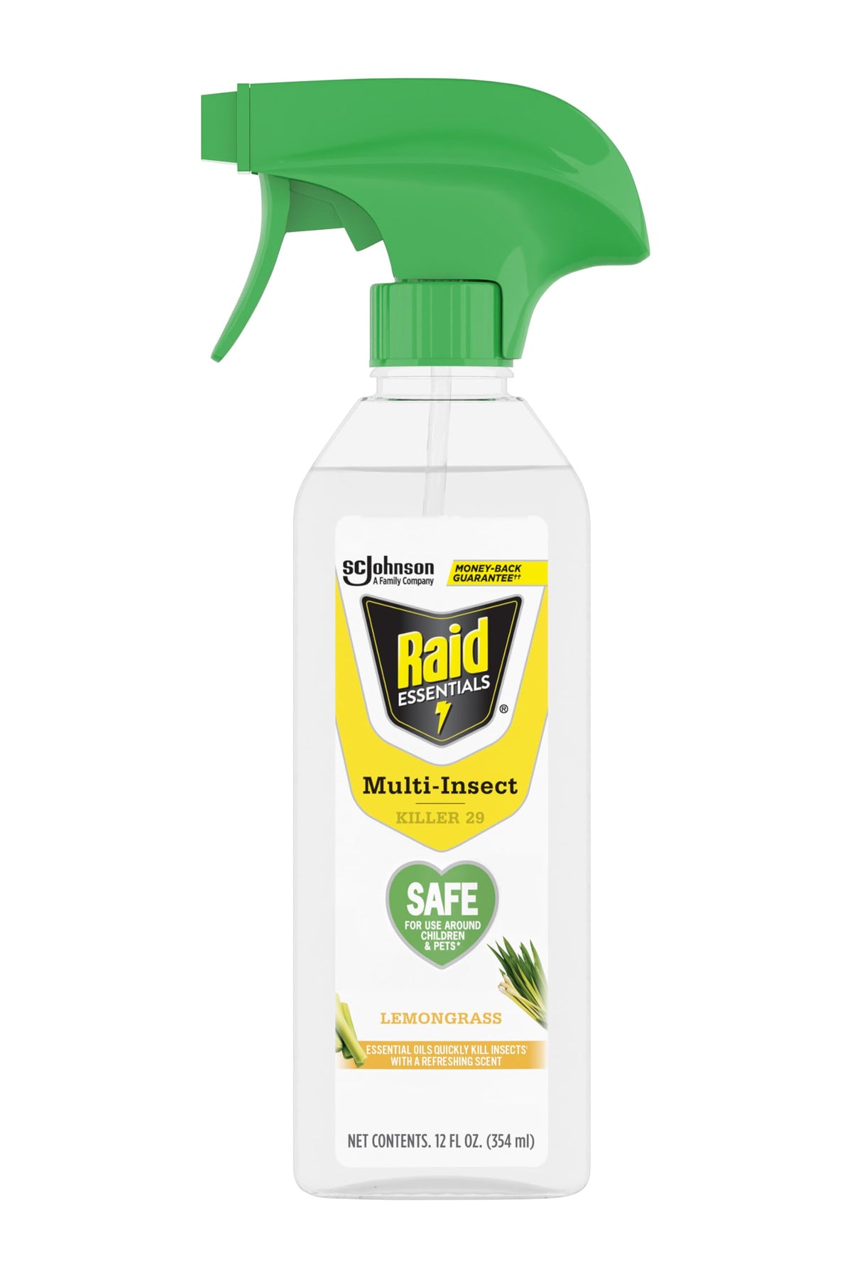 Raid Essentials multi-insect killer bottle for indoor use with plant-based protection against bugs.
