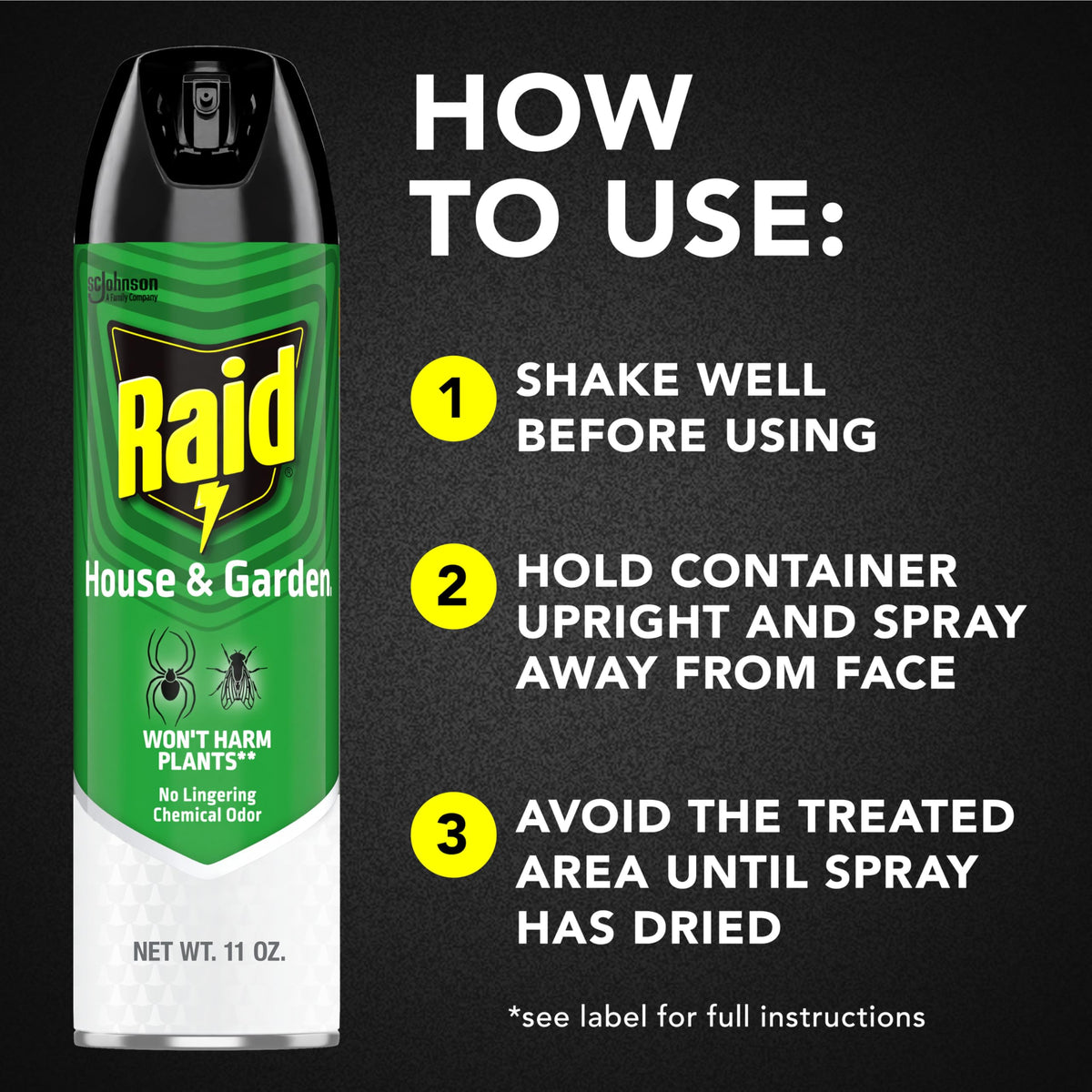 Raid House and Garden Bug Killer applying spray to infested area.